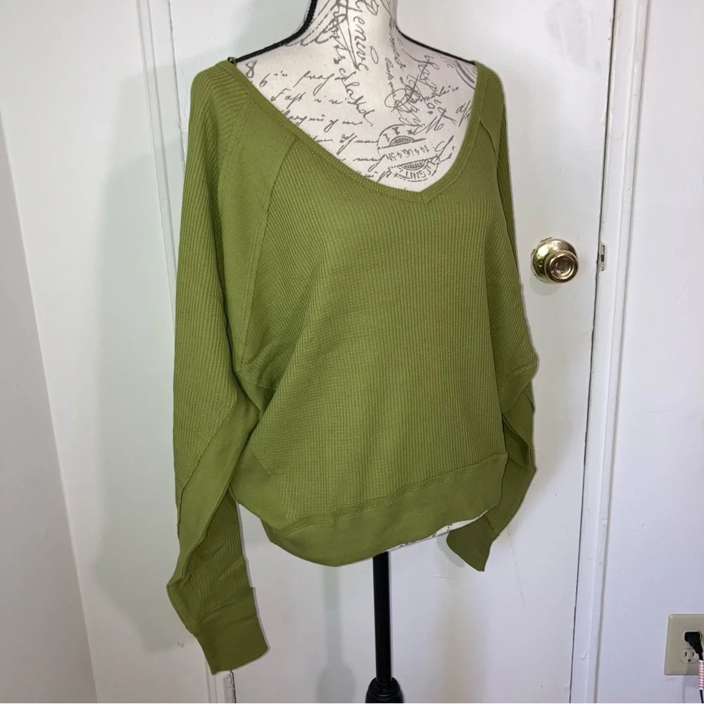 Free People Santa Clara Thermal Top Green Long Sleeve Top 100% Cotton